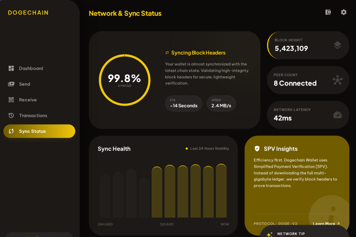 Dogechain Wallet network and sync status dashboard