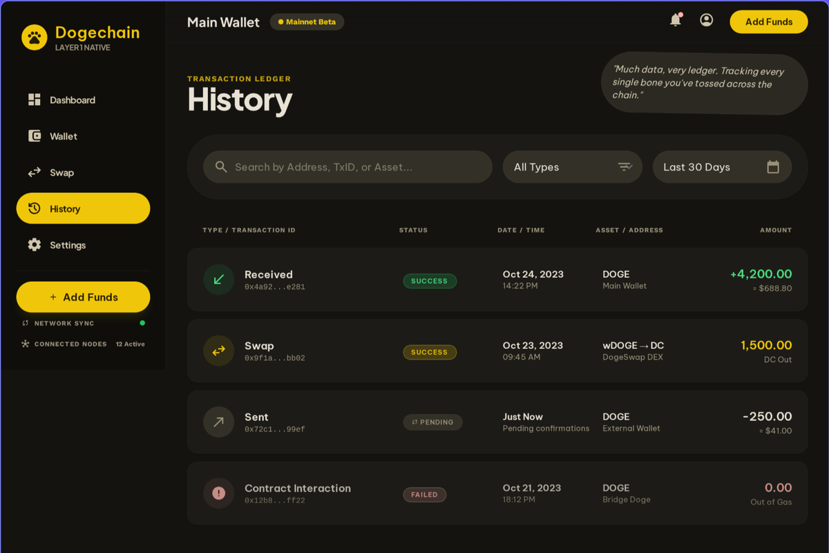 Dogechain Wallet transaction history