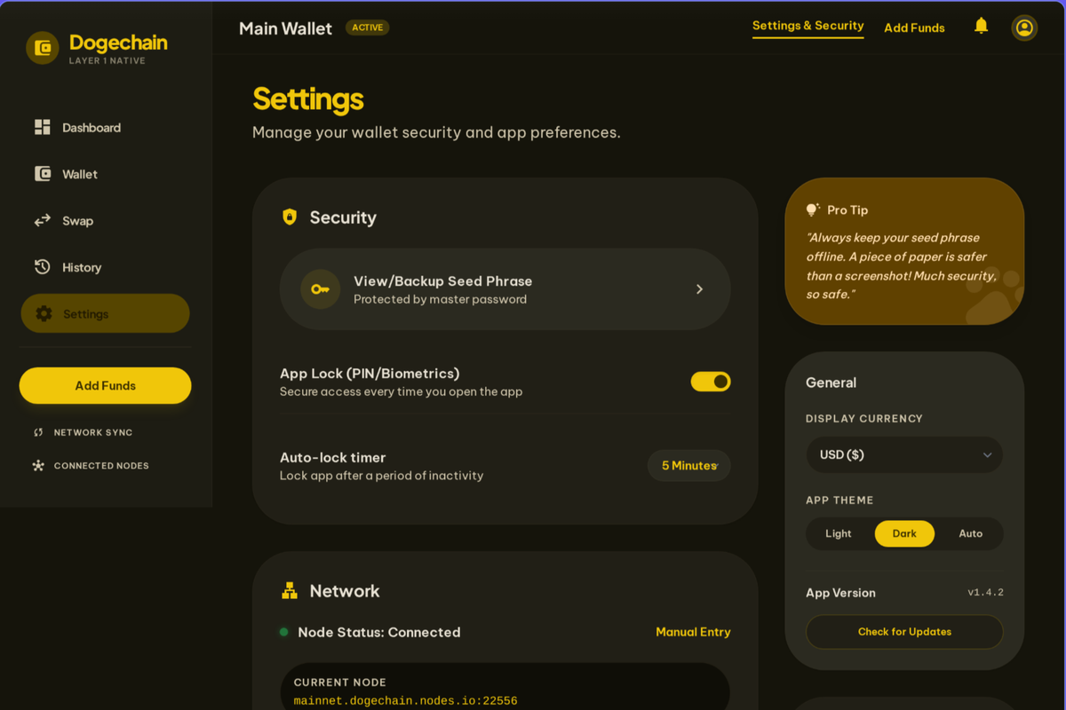Dogechain Wallet settings and security panel