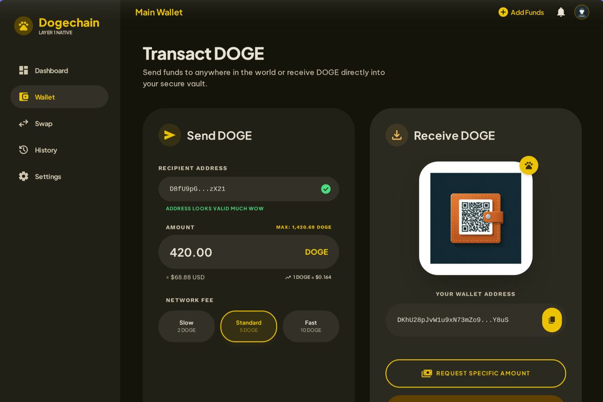 Dogechain Wallet send and receive interface